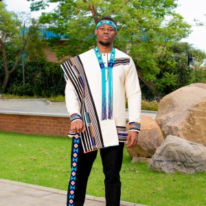 Cream and Black, multicolour beaded men’s long sleeve shirt