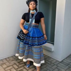 Chumisa 2 tier cream and blue skirt and matching headwrap