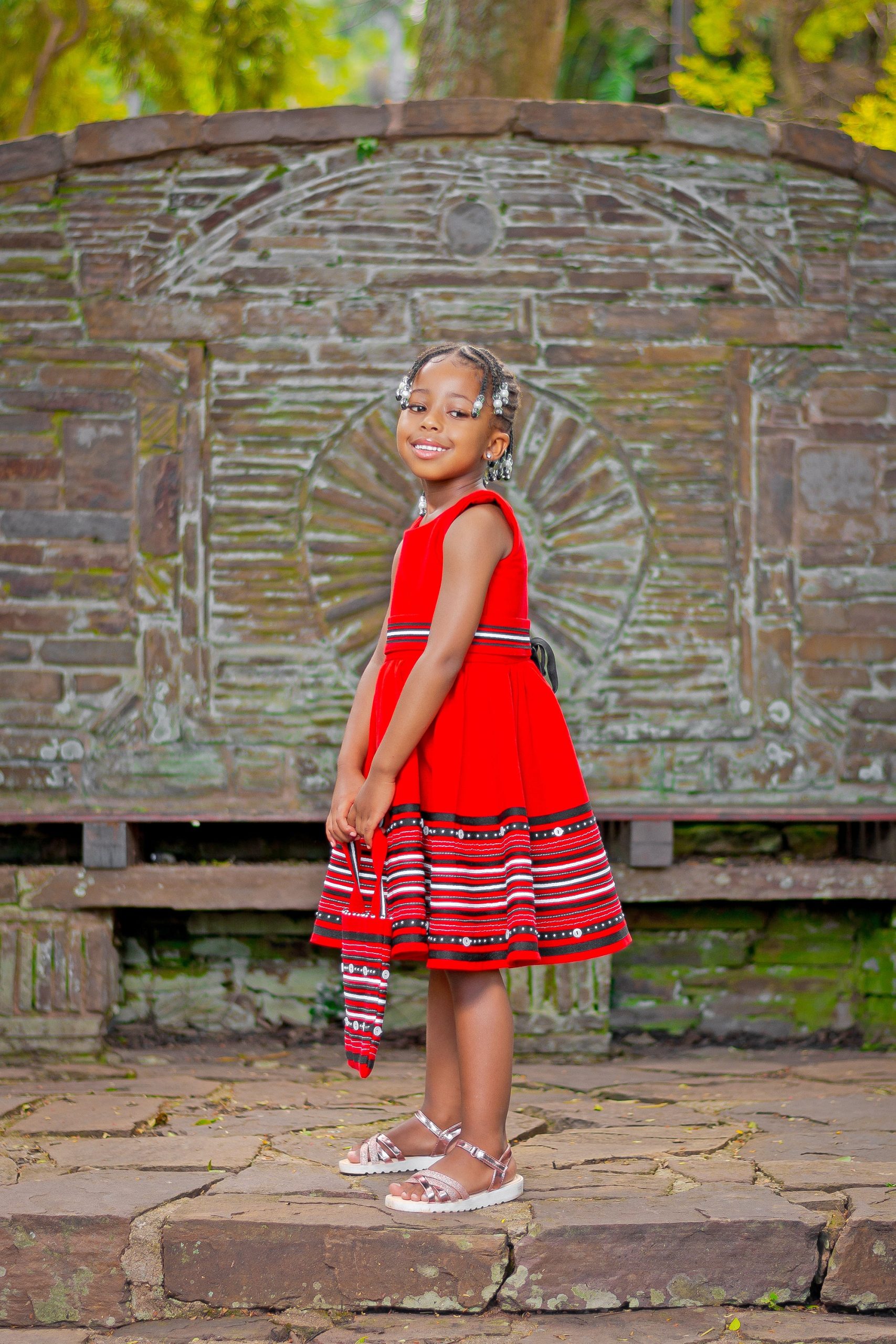 Red, black and white round neck girls dress - Image 3
