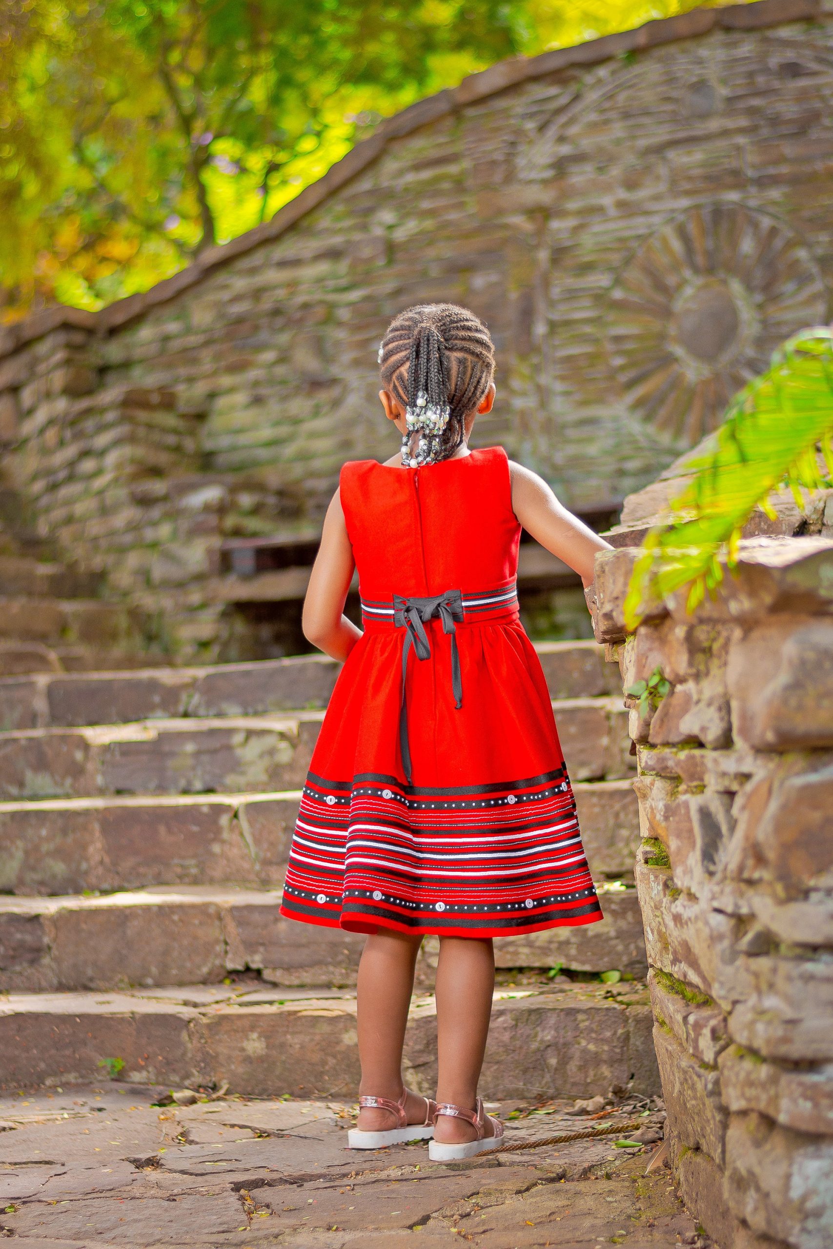 Red, black and white round neck girls dress - Image 2