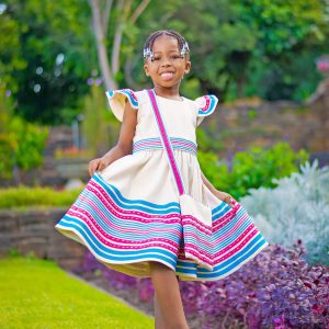 Cream, turquoise and cerise pink girls dress