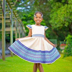 Cream, turquoise and royal blue girls dress