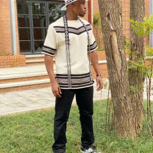 Cream and black Chevron patterned short sleeve Shirt